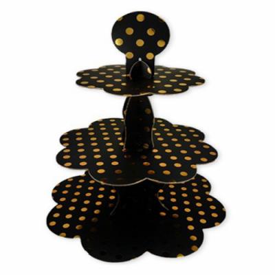 3 Katlı Siyah Üzeri Gold Puantiyeli Karton Cupcake-Kek Standı